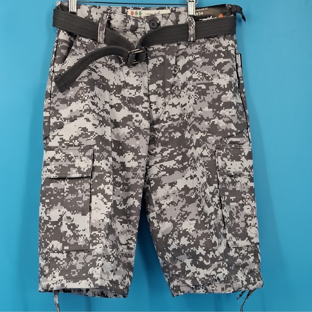 Miskeen Originals Men's Gray Digital Camo Cargo Canvas Belted Shorts Regular 34"